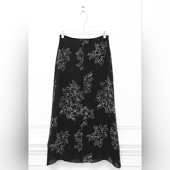 Vintage 90s Silk Floral Slip Skirt Midi Black White Sz 4 Whimsigoth Fairy Grunge - Picture 5 of 8
